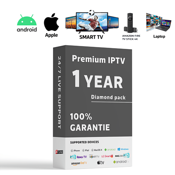 12 months IPTV subscription with 20,000+ live channels and 130,000+ VOD movies & series in HD and 4K, compatible with Smart TVs, Firestick, Android, and iOS.